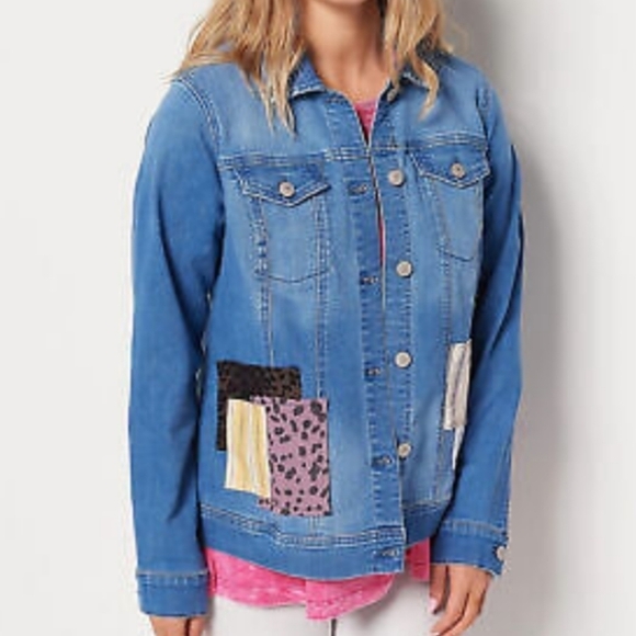 LOGO Lavish by Lori Goldstein Patchwork Denim Jacket size 12 - Picture 1 of 8